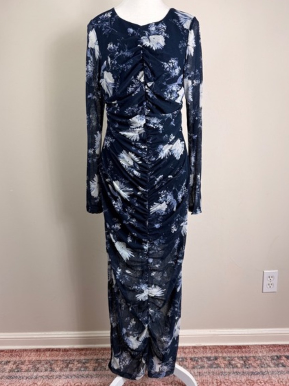 Abercrombie Navy Floral Ruched Long Sleeve Maxi Dress